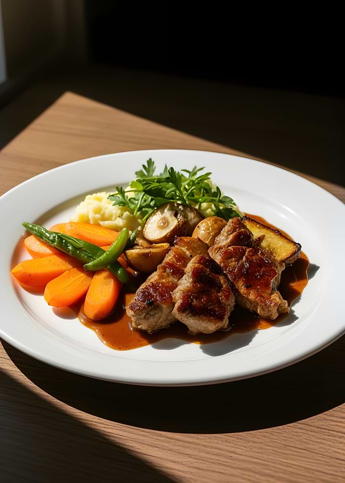 Gourmet Pork Dish with Mashed Potatoes and Vegetables