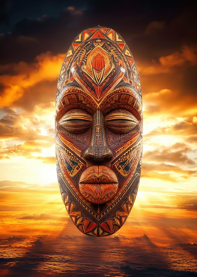 African Tribal Mask at Sunset