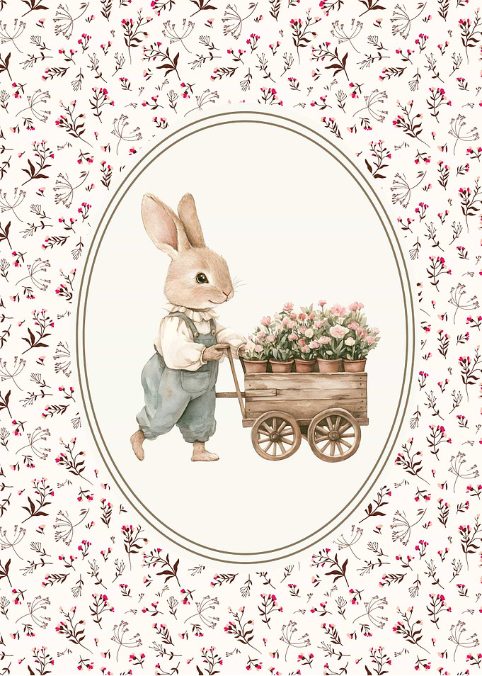 Bunny pushing a flower cart
