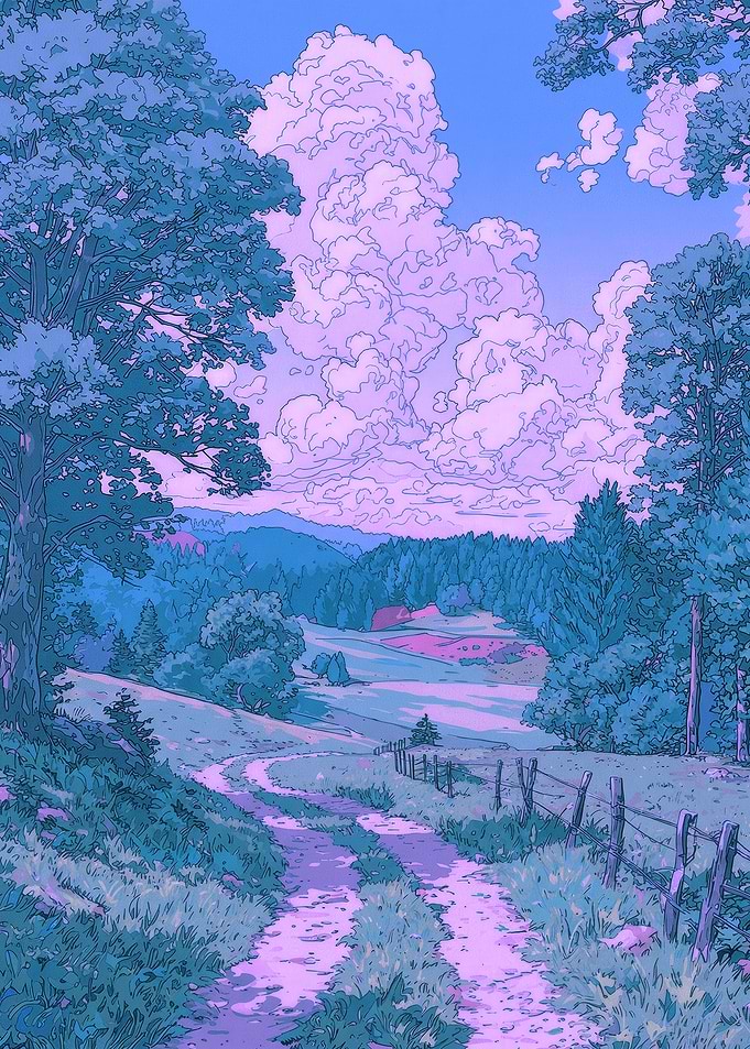 Serene Countryside Path with Pink Clouds
