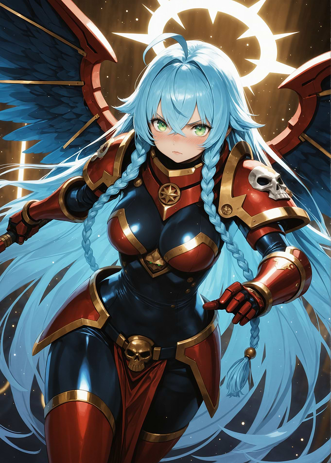 Anime Warrior with Blue Hair and Wings