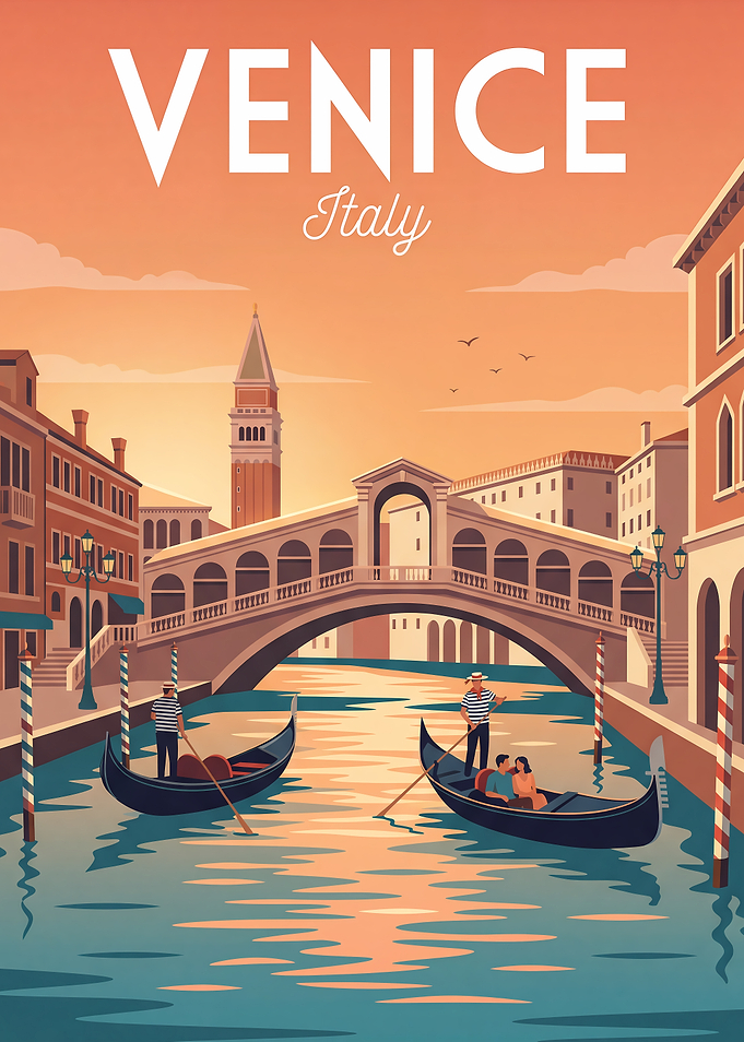 Venice Canal with Gondolas and Bridge