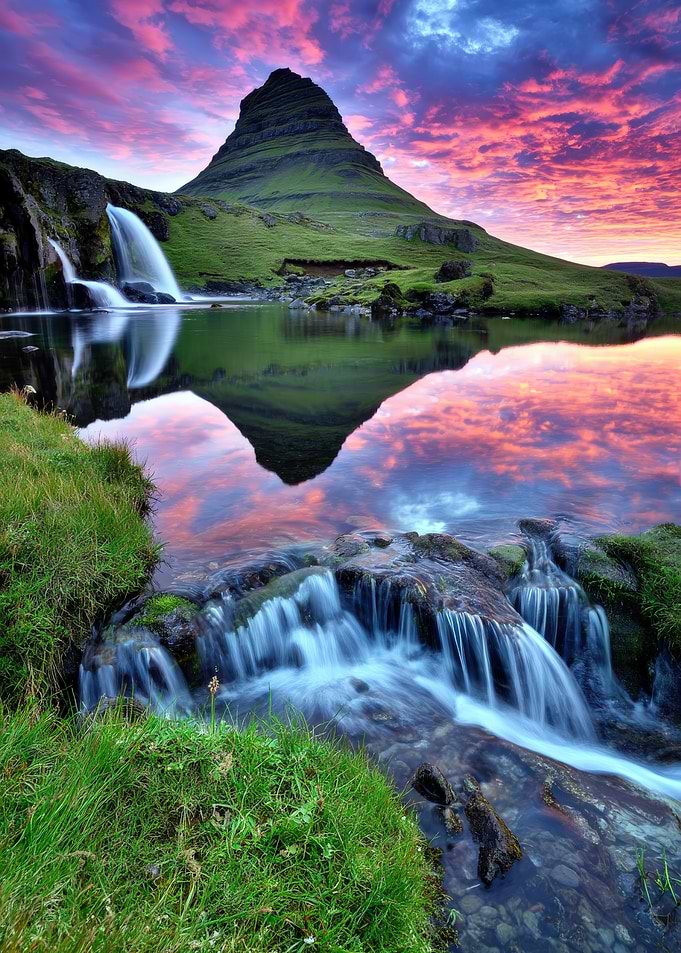Kirkjufell Mountain and Waterfall at Sunset