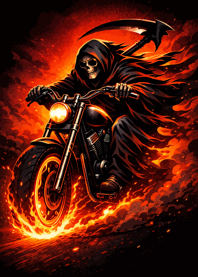 Grim Reaper on a Fiery Motorcycle