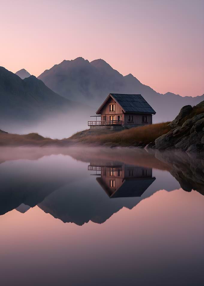 Serene Mountain Cabin Reflection at Dawn