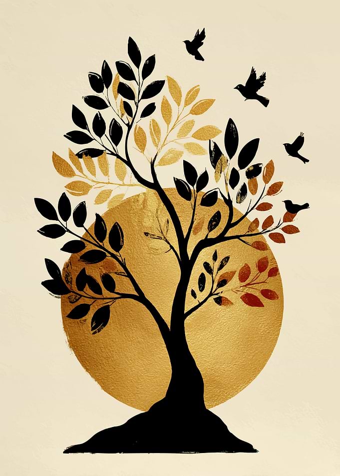 Abstract Tree with Birds and Golden Sun