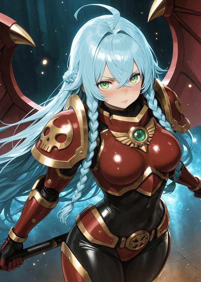 Anime Warrior with Blue Hair and Red Armor