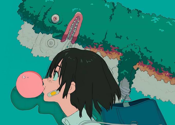 Girl blowing bubblegum with monster behind her