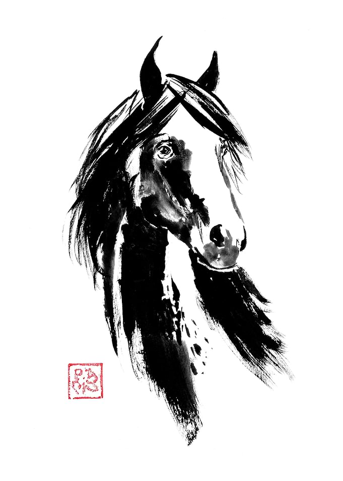 Ink Wash Horse Portrait with Red Seal