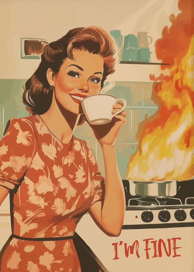 Woman drinking coffee with kitchen fire