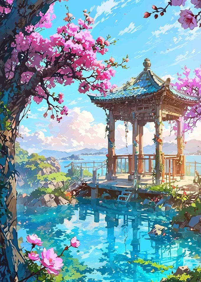 Serene Japanese Garden with Cherry Blossoms