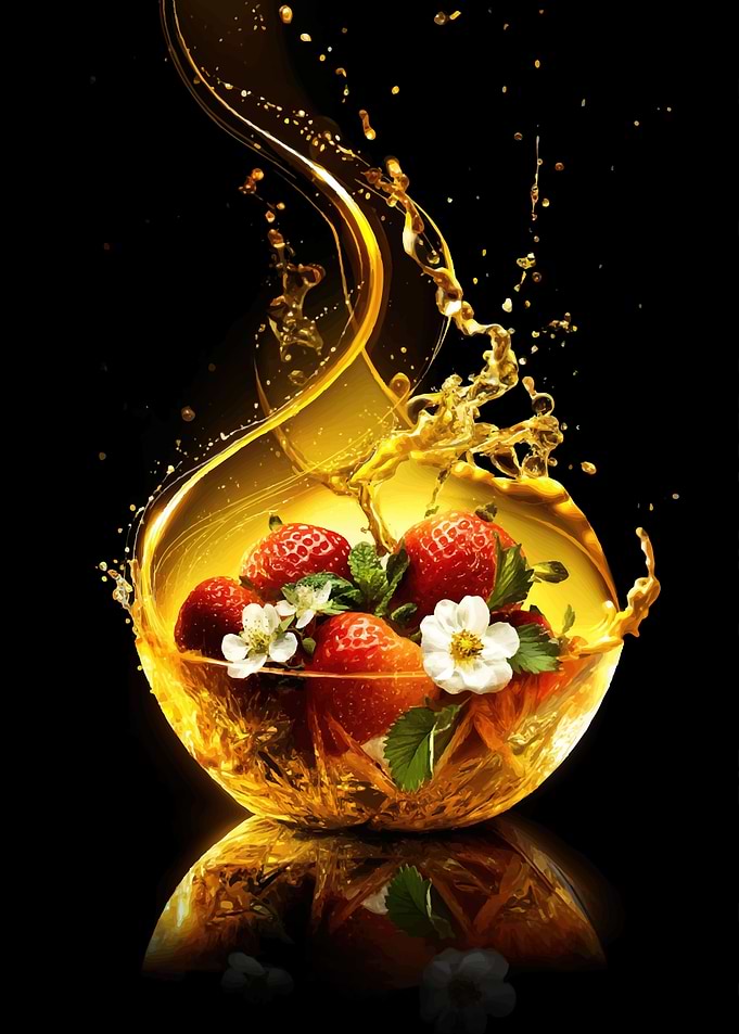 Strawberries in golden liquid splash