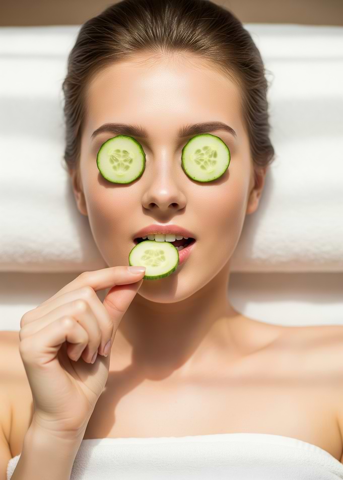 Woman with Cucumber Slices on Eyes