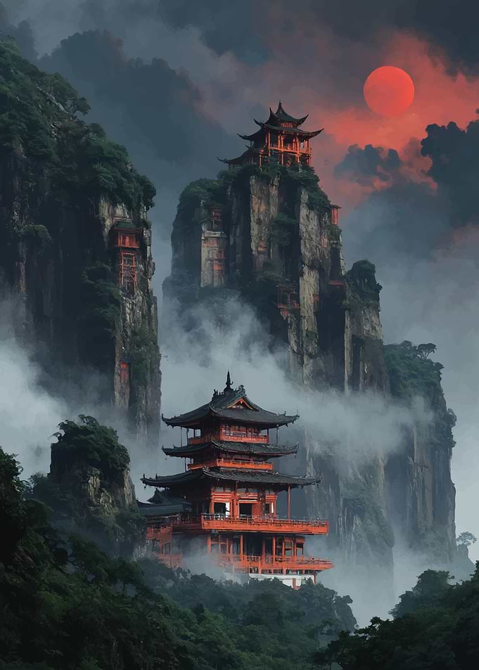 Misty Mountain Temples at Sunset