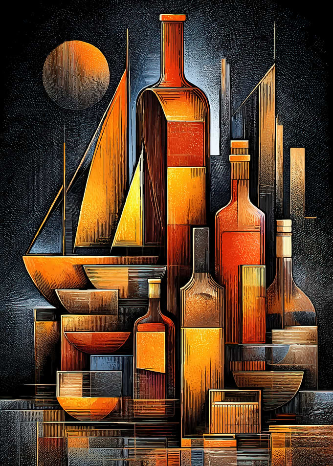 Abstract Still Life with Bottles and Sailboat