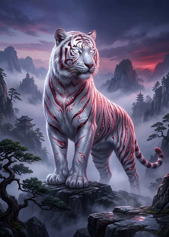 Mystical White Tiger in Misty Mountains