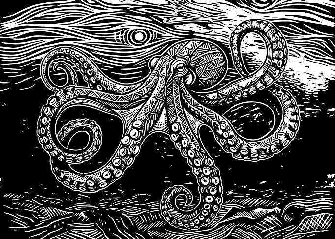 Octopus Linocut Marine Art Illustration