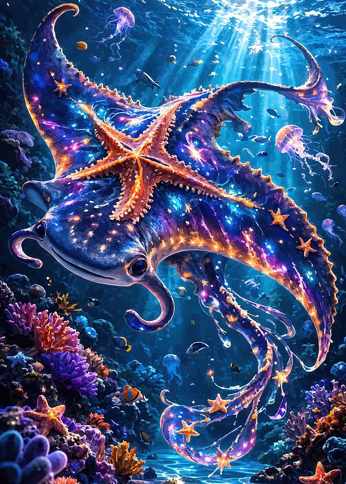 Cosmic Starfish Ray in Coral Reef