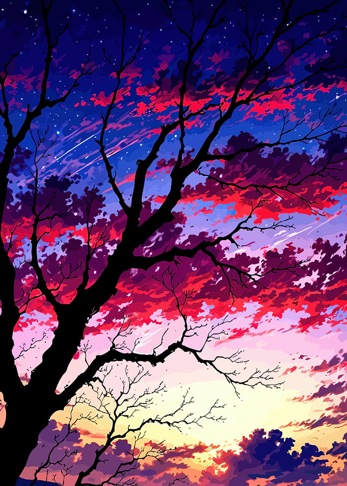 Anime Sunset Sky with Silhouetted Trees