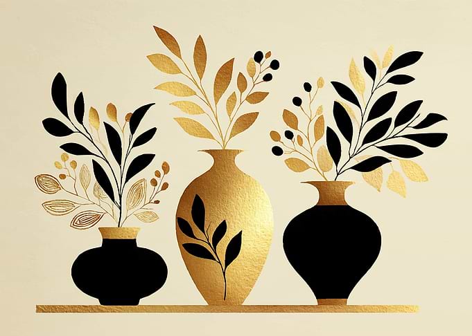 Golden and Black Floral Vases