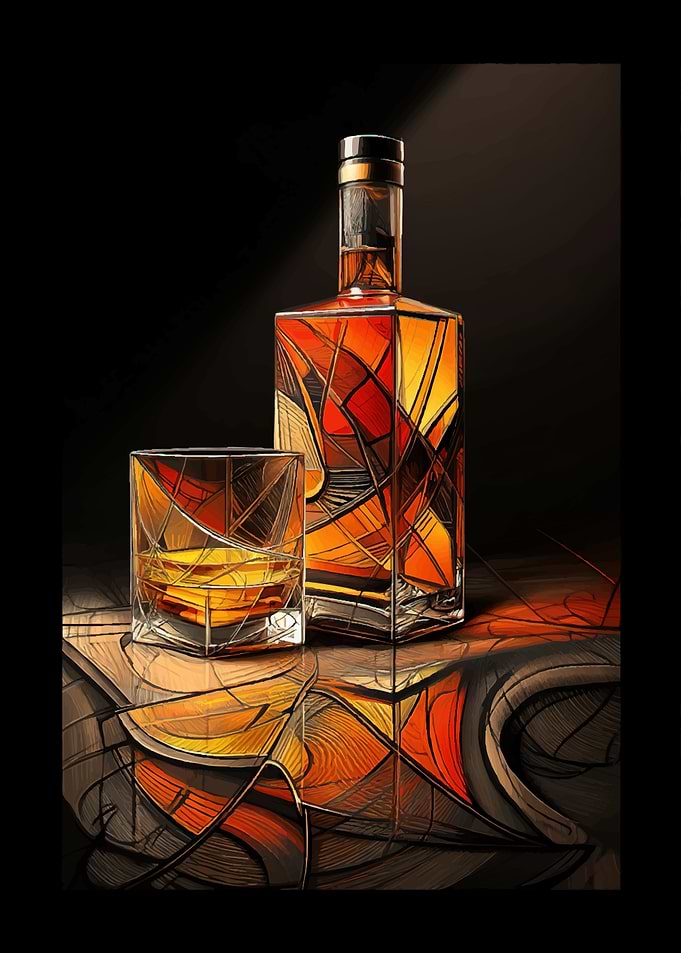 Abstract Whiskey Bottle and Glass