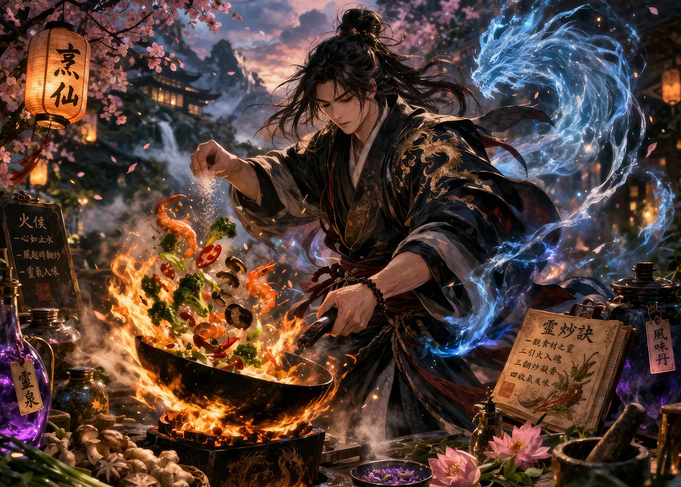 Fantasy Chef Cooking with Magical Dragon