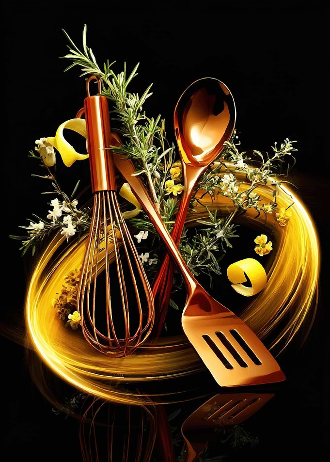 Copper Kitchen Utensils with Herbs and Light