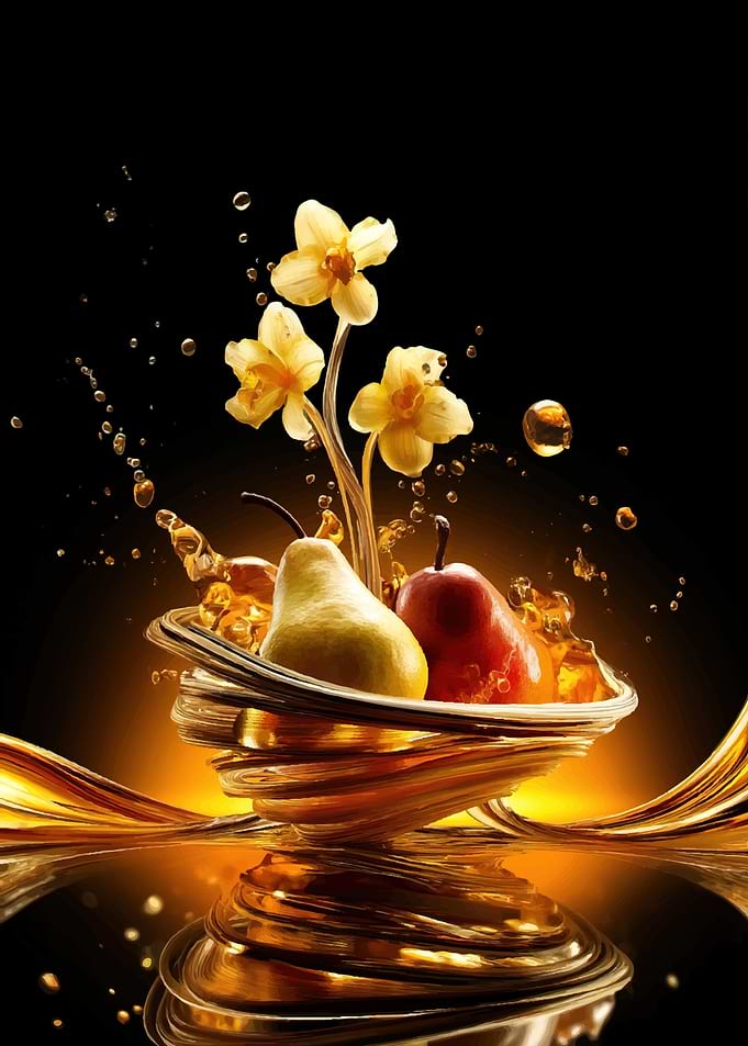 Golden Pears and Flowers in Liquid
