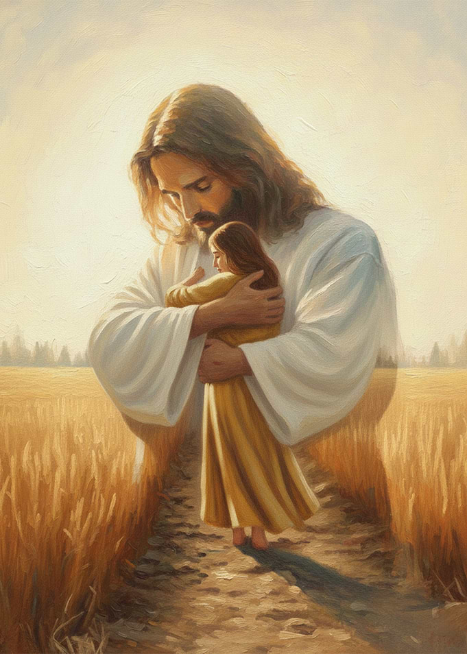 Jesus embracing a child in a wheat field