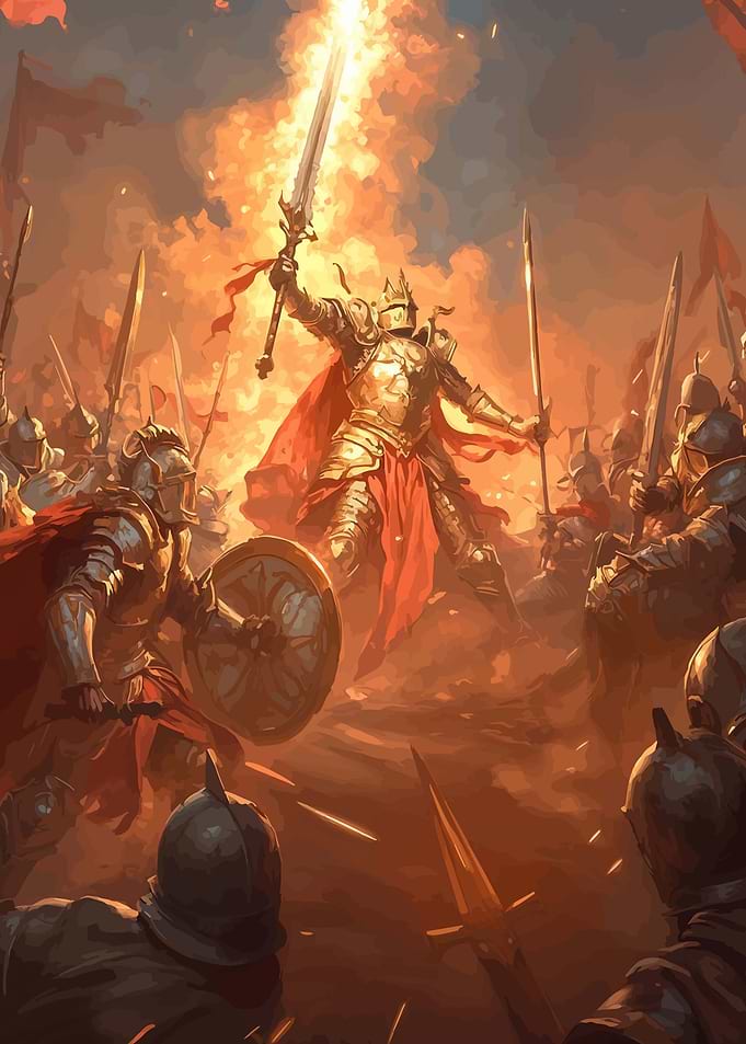 Knight King Raises Flaming Sword