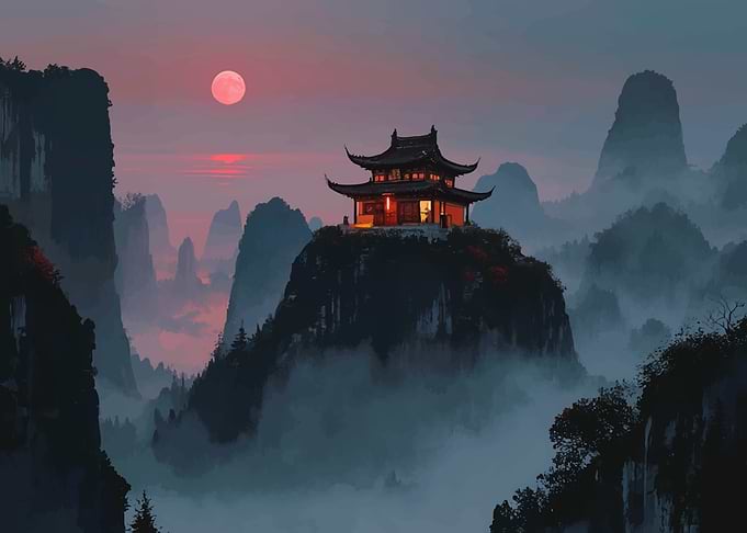 Serene Mountain Temple at Sunset