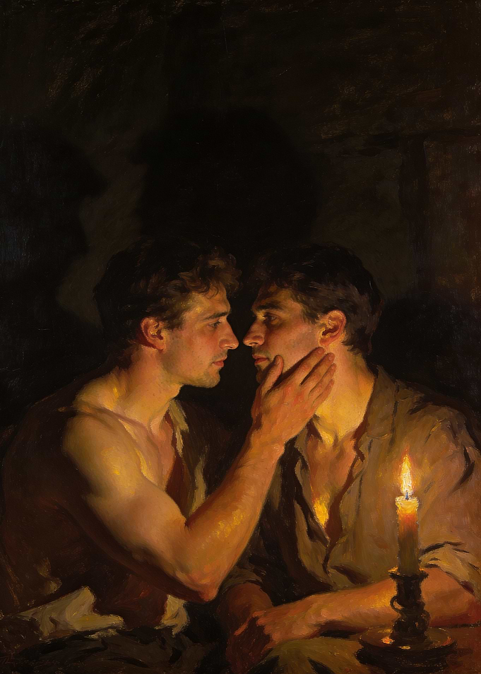 Two men by candlelight