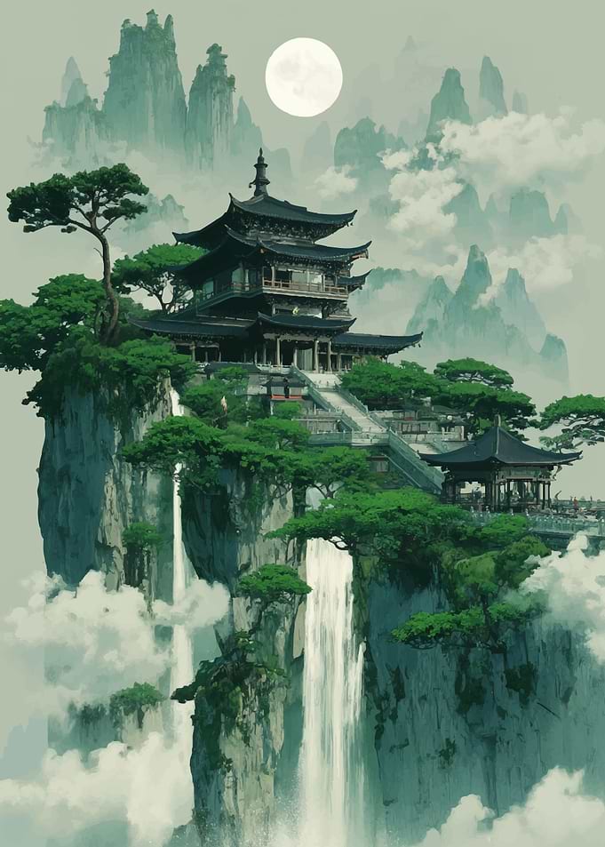 Misty Mountain Temple with Waterfalls