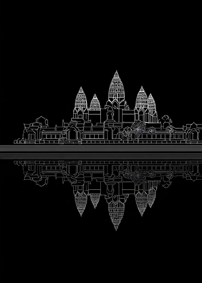 Angkor Wat Reflection Line Art
