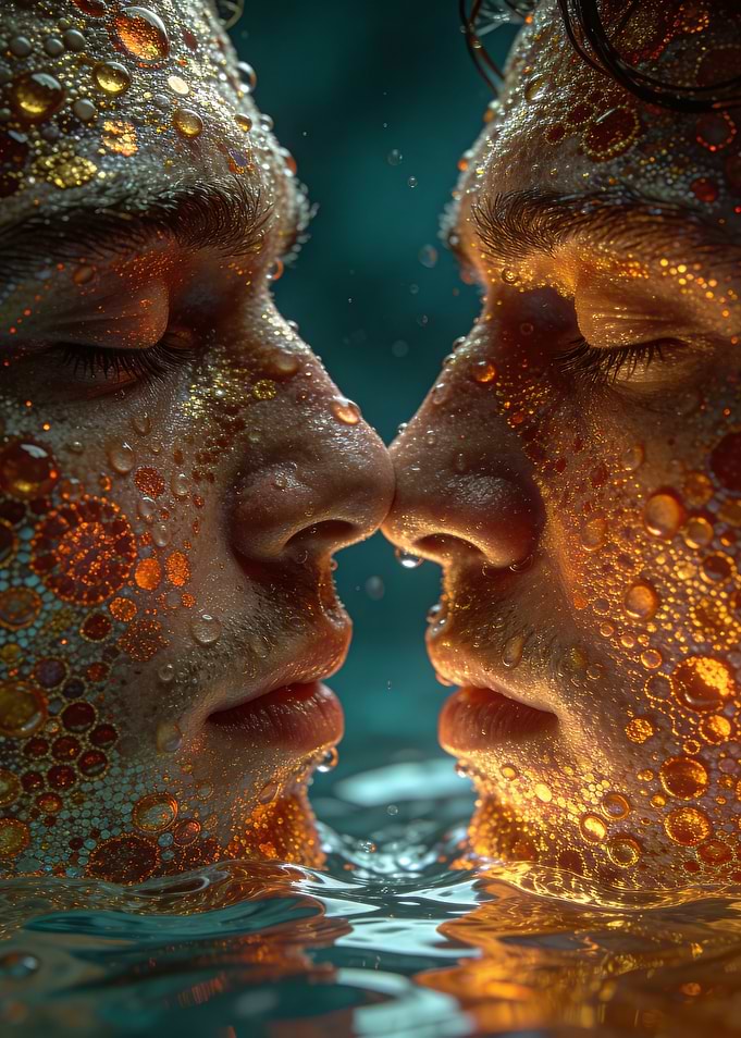 Couple in Water with Golden Bubbles