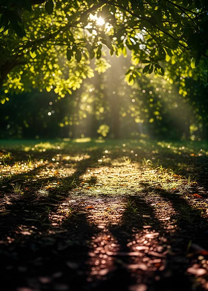 Sunlight filtering through trees onto a forest floor
