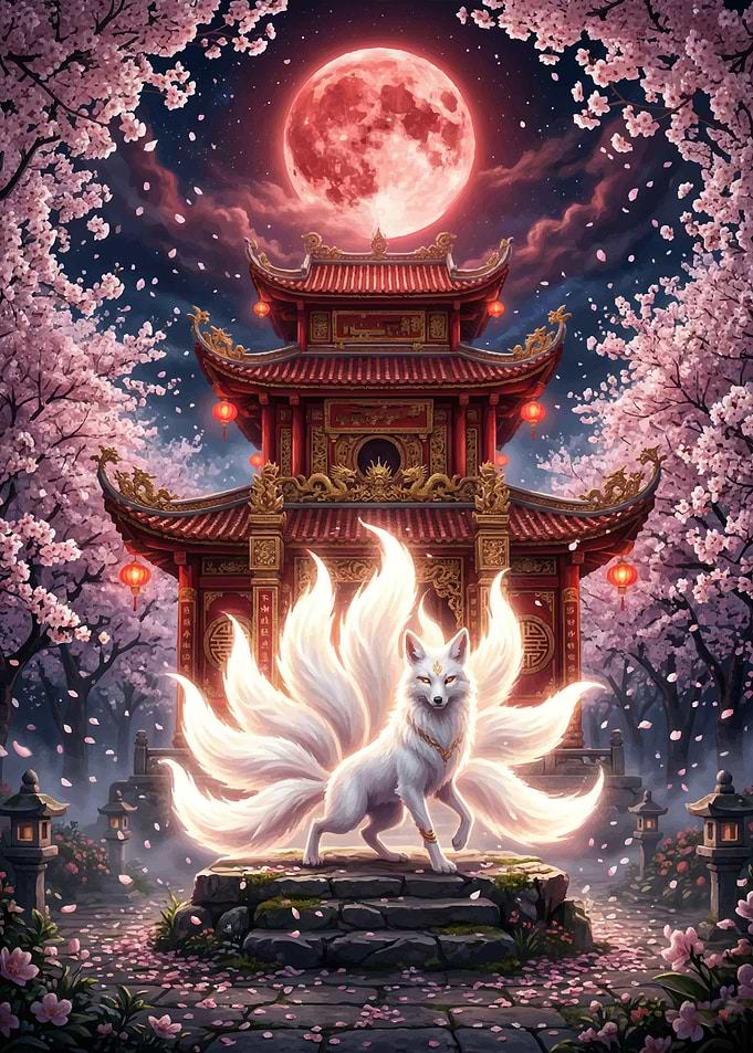 Nine-Tailed Fox Spirit Under Red Moon