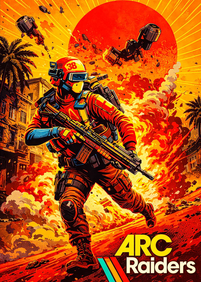 Arc Raiders Soldier in Fiery Cityscape