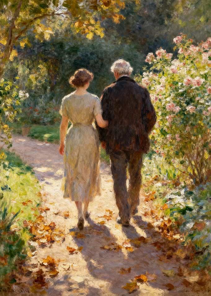 Couple walking in a garden