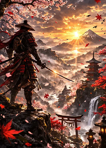 Samurai Overlooking Mount Fuji at Sunset