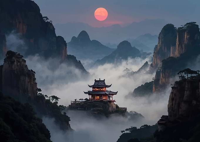 Ancient Pagoda in Misty Mountains