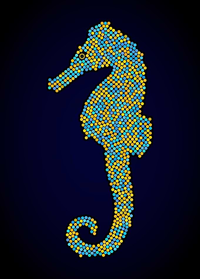 Seahorse Dot Art - Tropical Blue and Gold Seahorse Pointillism Design