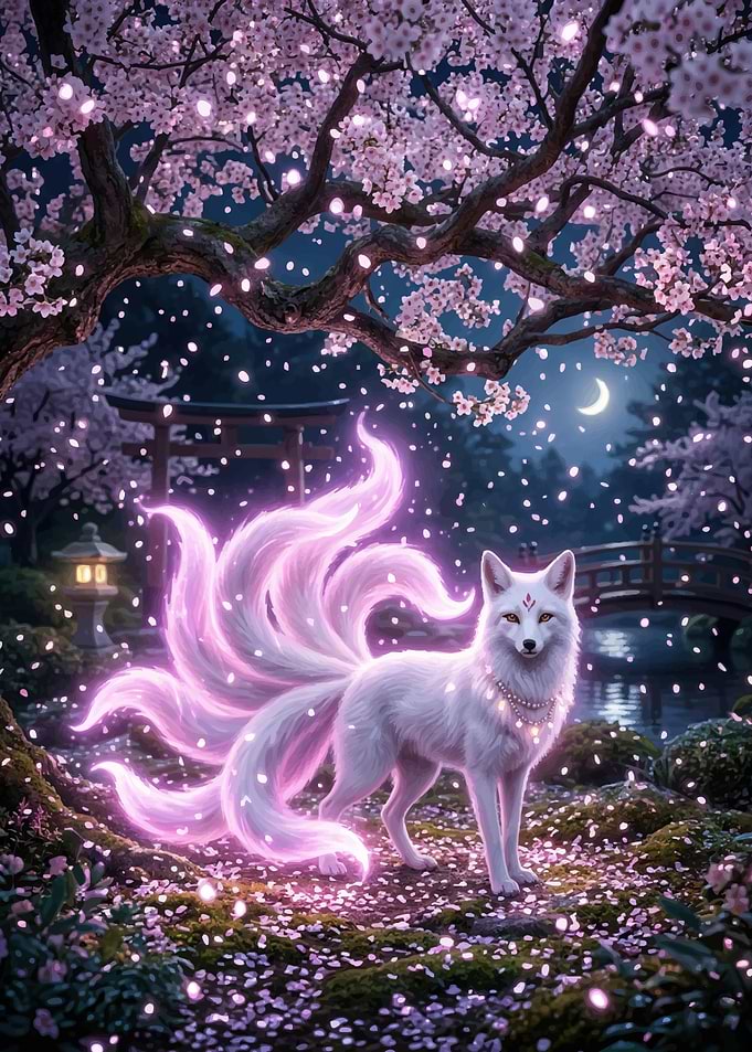 Magical Nine-Tailed Fox Under Cherry Blossoms
