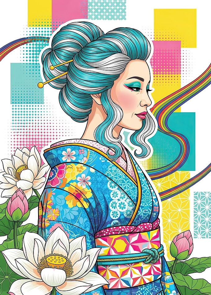 Geisha with Blue Hair and Lotuses