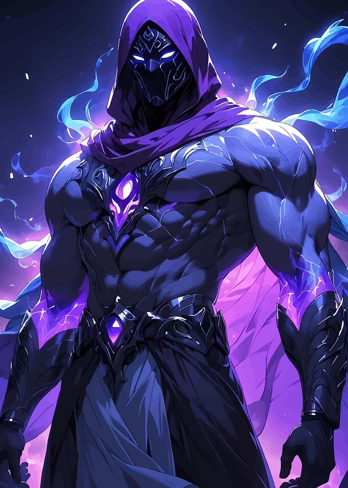 Muscular hooded figure with purple energy