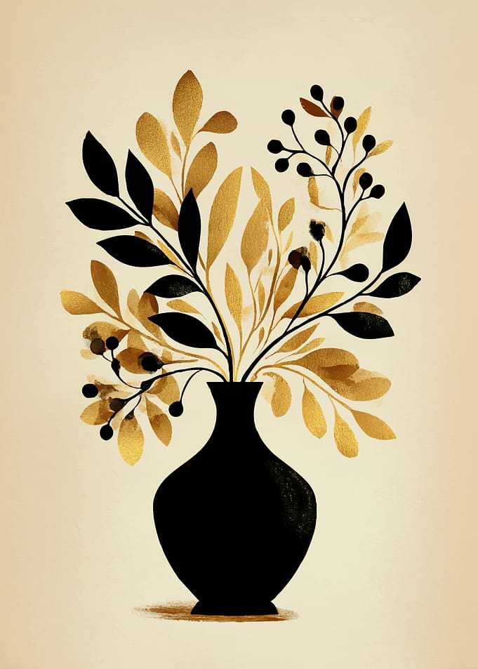 Black Vase with Gold and Black Leaves