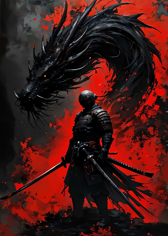 Samurai Warrior and Black Dragon