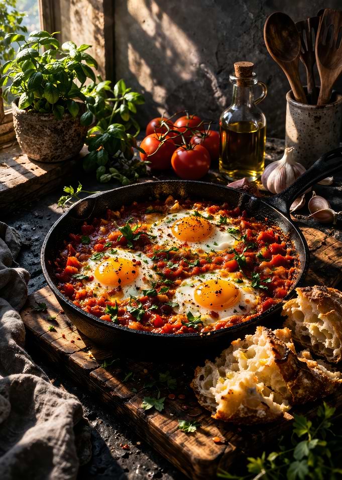 Shakshuka in a cast iron skillet