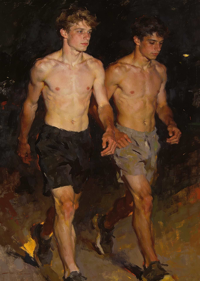 Two shirtless young men walking