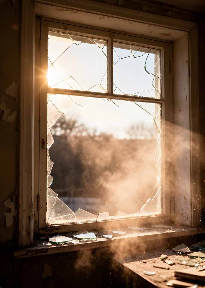 Broken Window with Sunlight and Dust